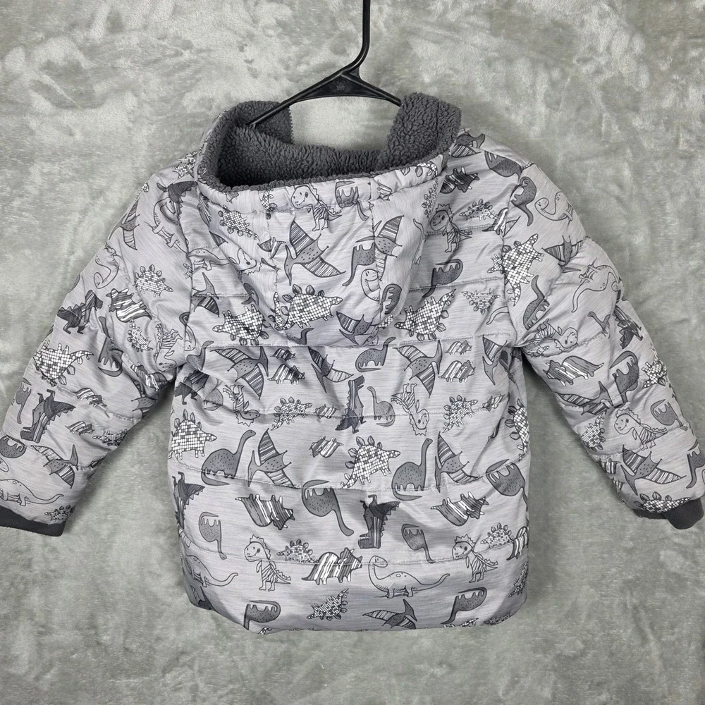 Kids SwissTech Dinosaur Puffer Jacket Hooded‎ Sherpa Lined Gray 5T